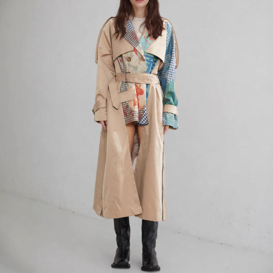 Women's khaki long trench coat with patchwork prints and button details