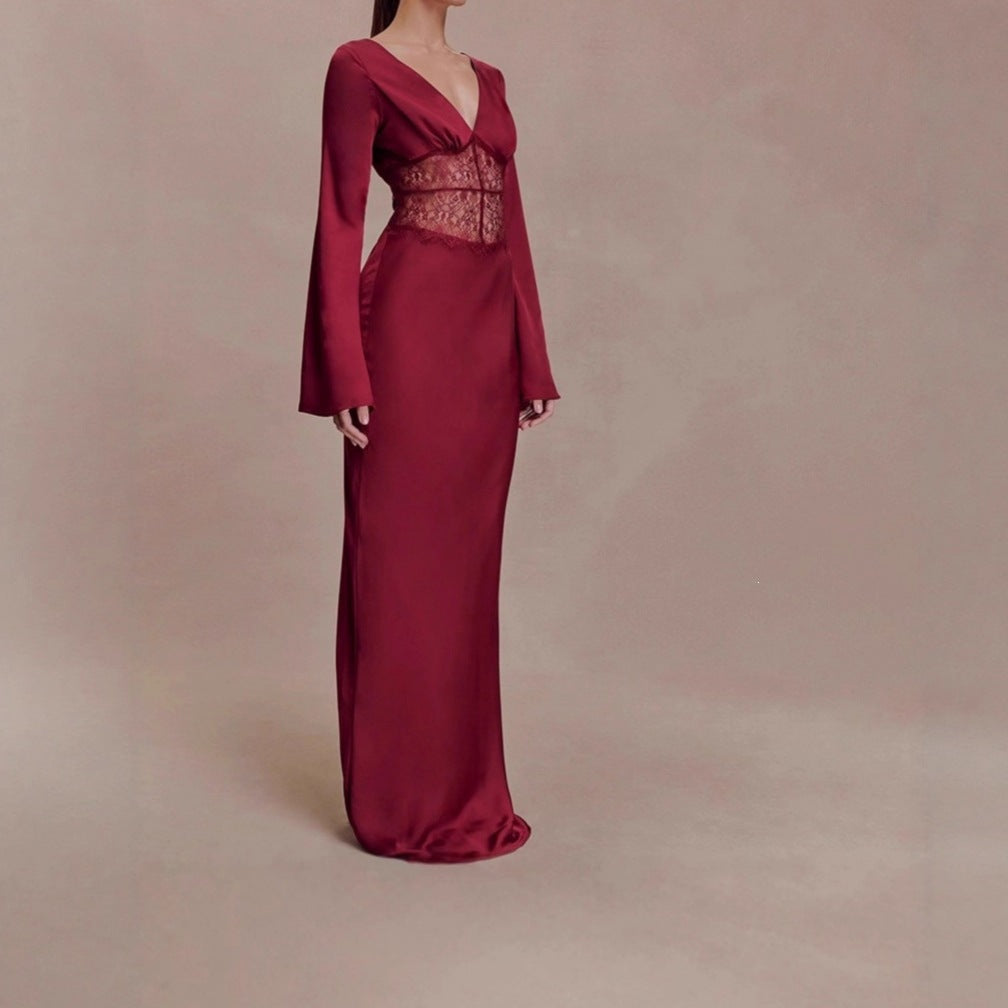 Satin Maxi Dress with Long Sleeves — Deep V Neck Evening Gown with Lace Waist