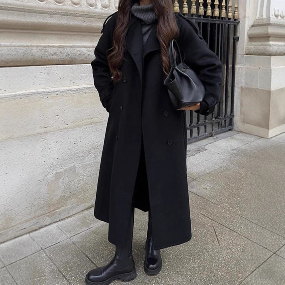 Long Wool Coat for Women — Oversized Double Breasted Belted Maxi Overcoat