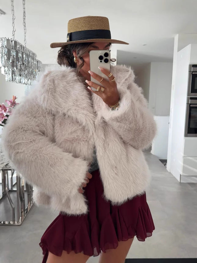 Light gray faux fur short cardigan jacket with high neck and open front