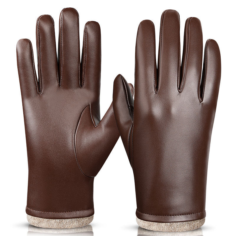 Brown PU leather gloves with textured knit cuffs and stitched palm seams.