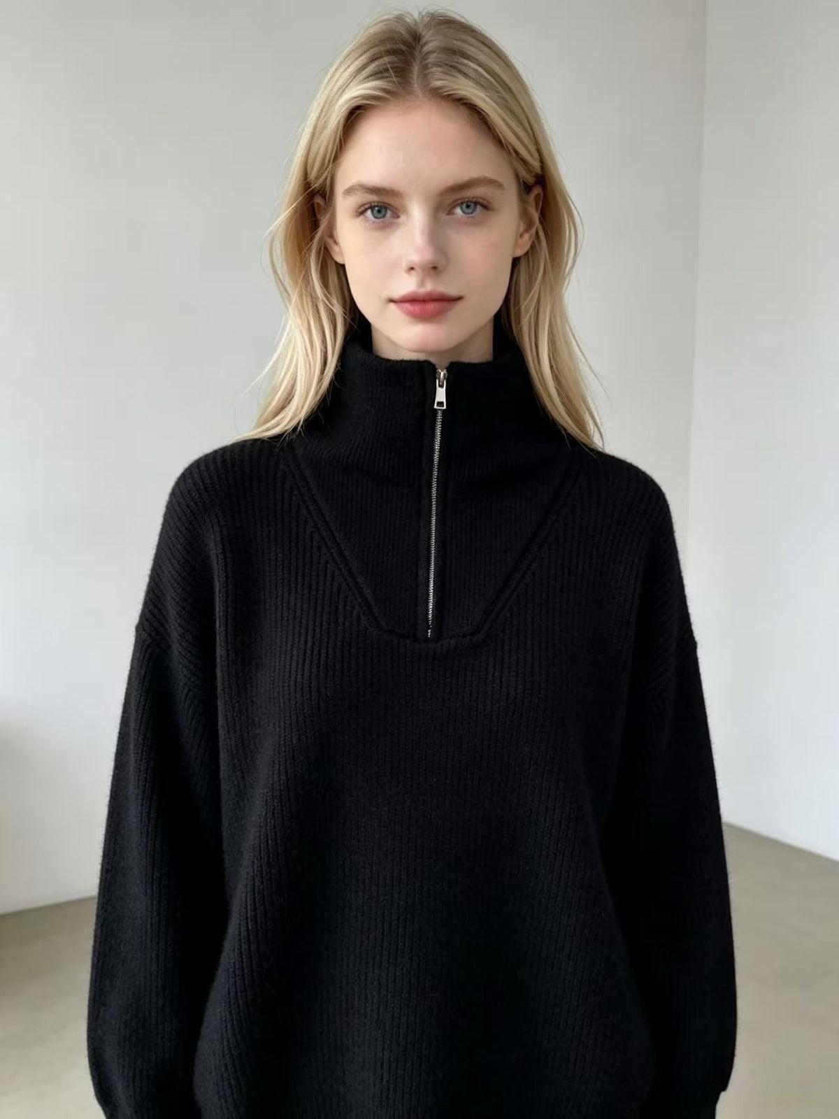 Women’s knit half-zip sweater with turn-down collar, black, relaxed pullover