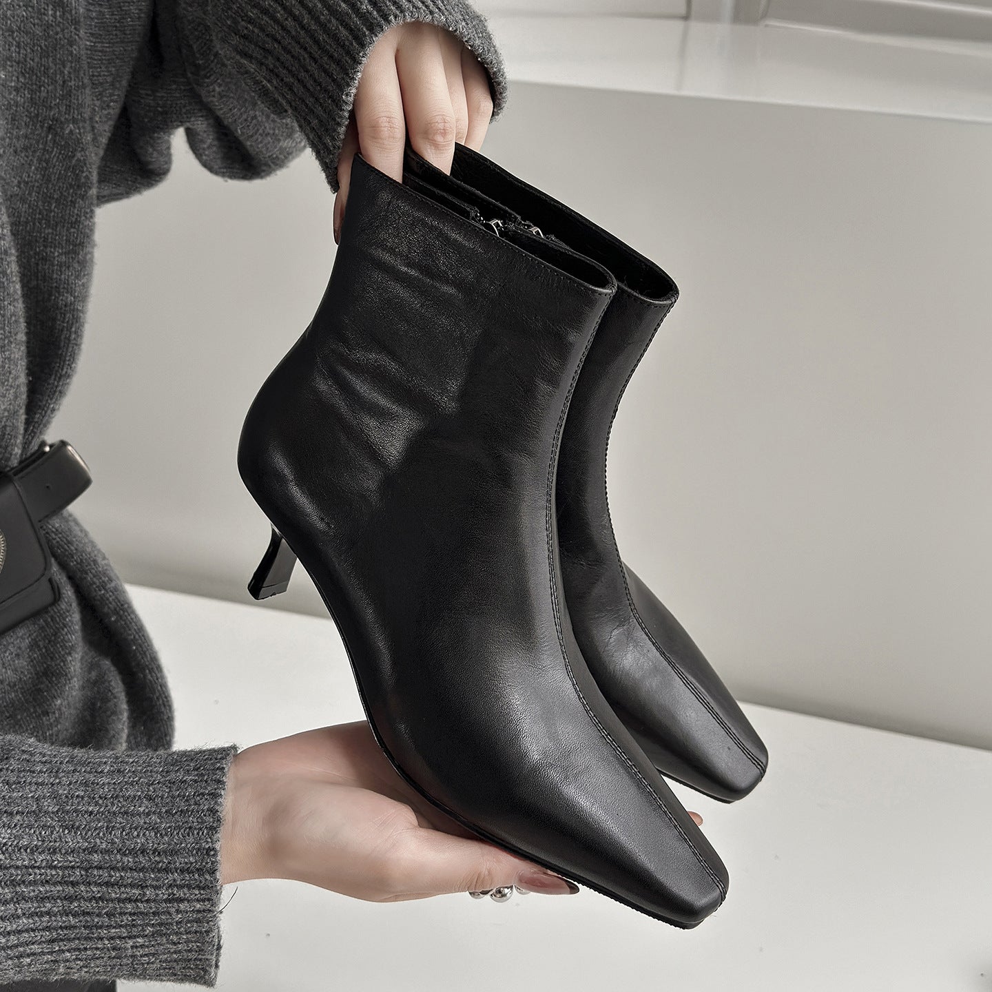 Square Toe Ankle Boots for Women — Kitten Heel Side Zip Booties in Faux Leather