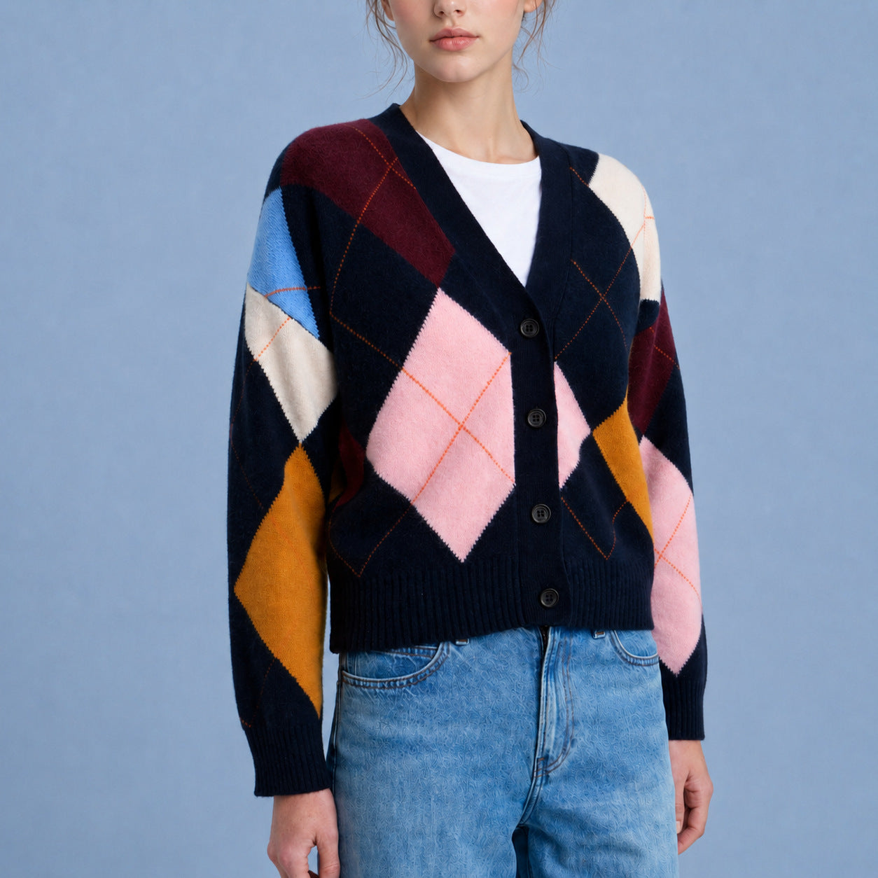 Argyle Cardigan for Women — V Neck Button Front Cropped Knit in Wool Blend