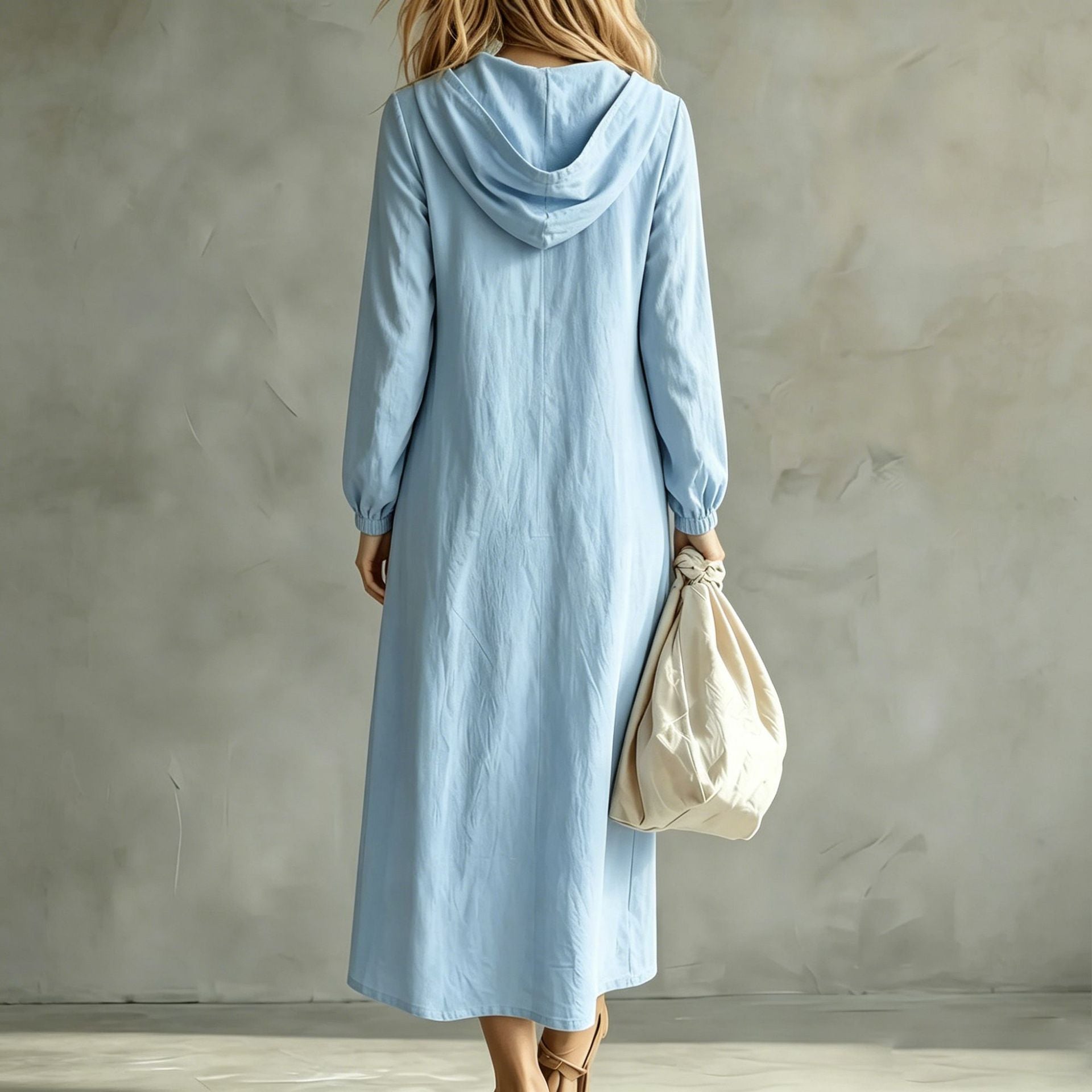 Long Sleeve Linen Maxi Dress — Casual Hooded Half Zip Style with Deep Side Pockets