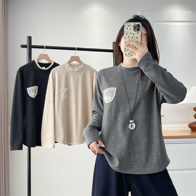 Fleece-lined base shirt in dark gray, faux lace collar and chest heart applique pocket