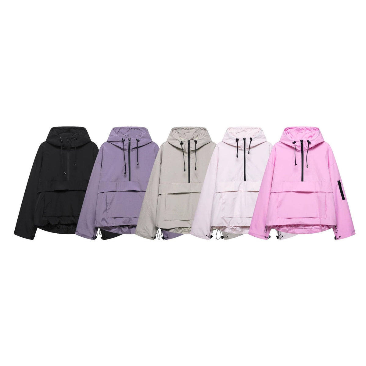 Women’s hooded windproof jackets, solid colors set with drawstring hood and front zipper