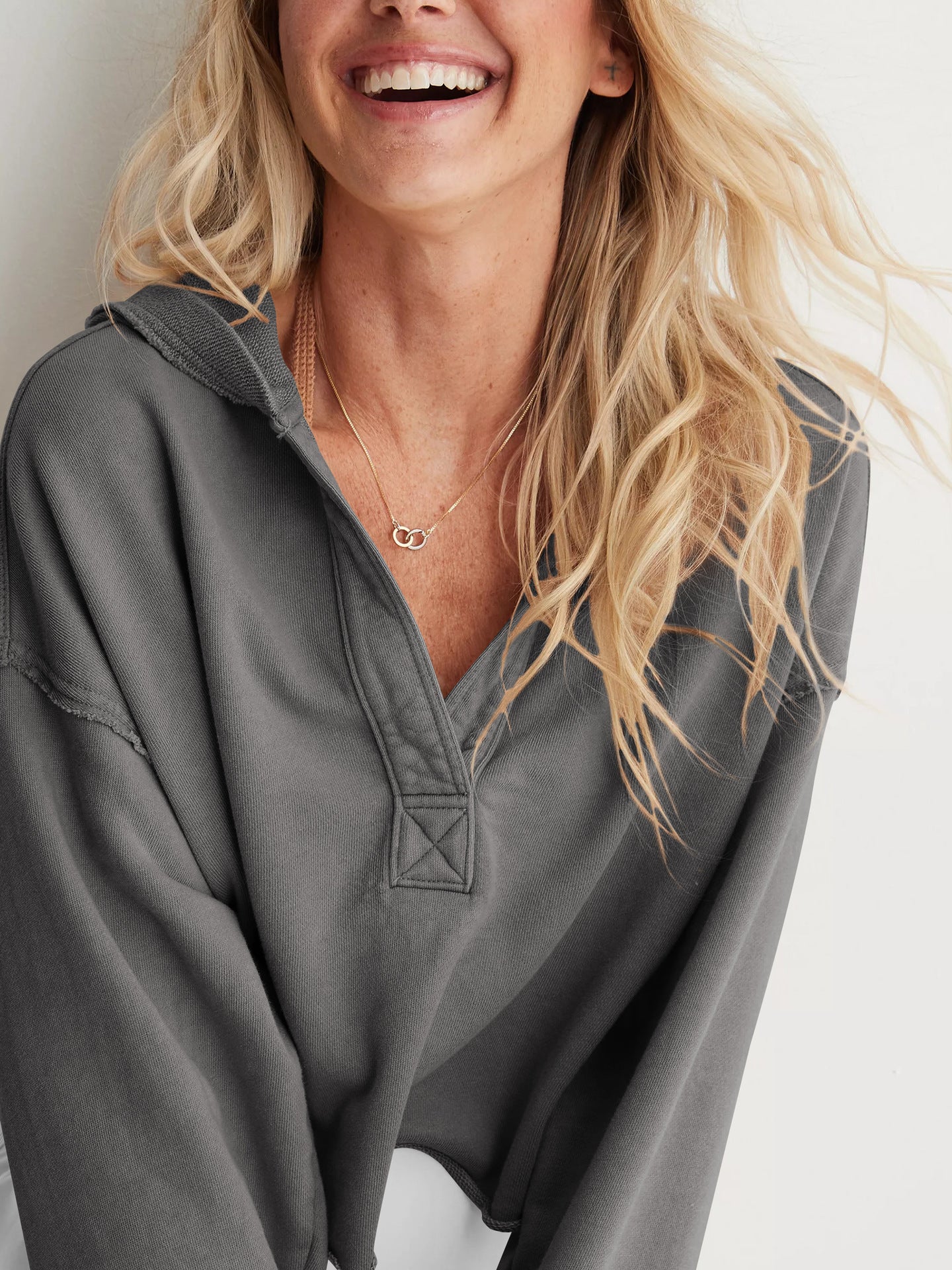 Women's dark gray V-neck hooded pullover sweatshirt, long sleeves