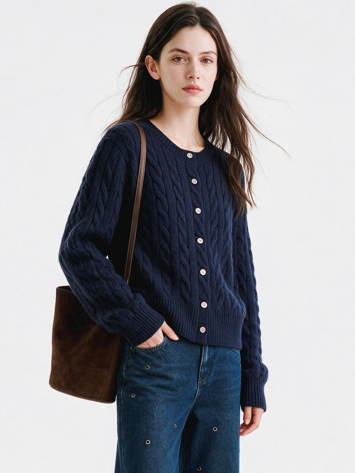 Women’s twist-knit cardigan in navy, round neck, button-front, long sleeves, textured cable knit