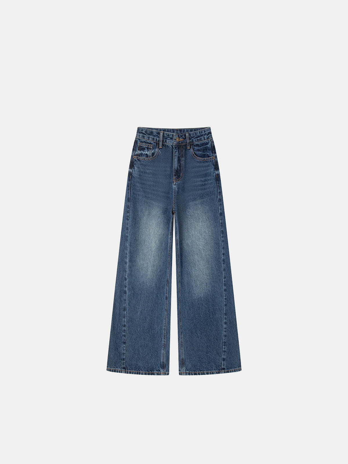 Women's dark blue wide-leg denim jeans, mid-rise, front view with straight wide legs