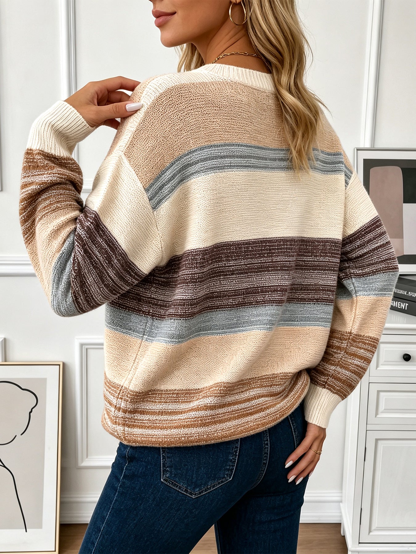 Color Block Sweater for Women — Striped Crew Neck Knit with Relaxed Drop Shoulder in Merino Wool