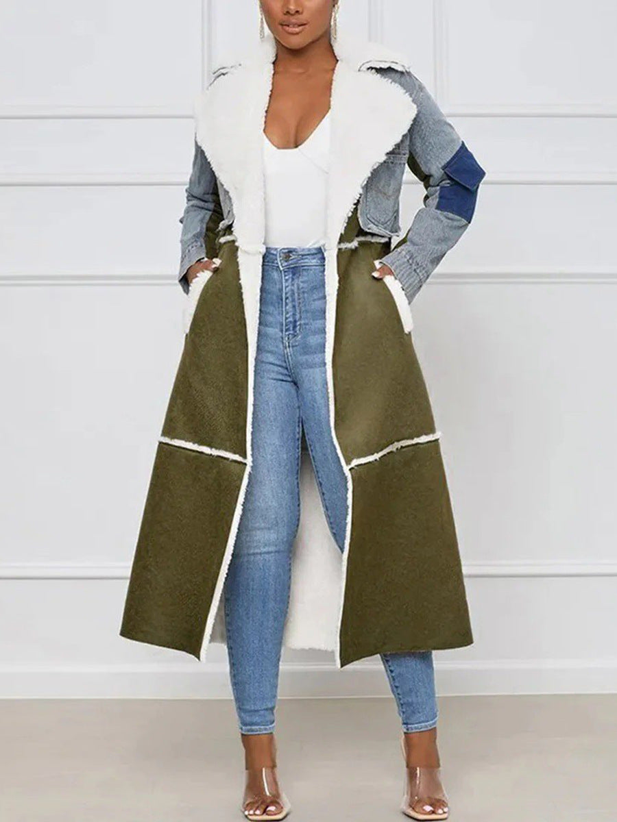 Women’s patchwork long coat, olive and blue panels with white sherpa trim