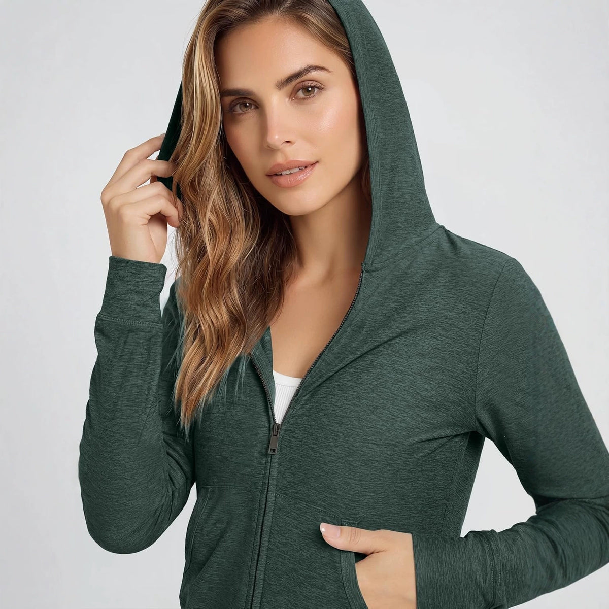 Women's hooded full-zip short hoodie, dark green with front zipper, hood, and pockets