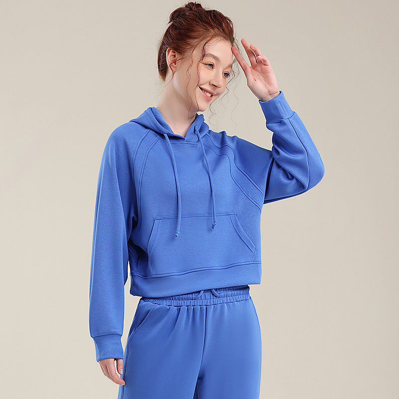 Blue hooded top and matching jogger pants set with drawstring hood and elastic waist