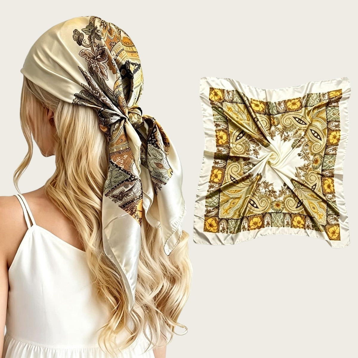 90cm satin square scarf in cream and gold paisley floral print, tied headscarf
