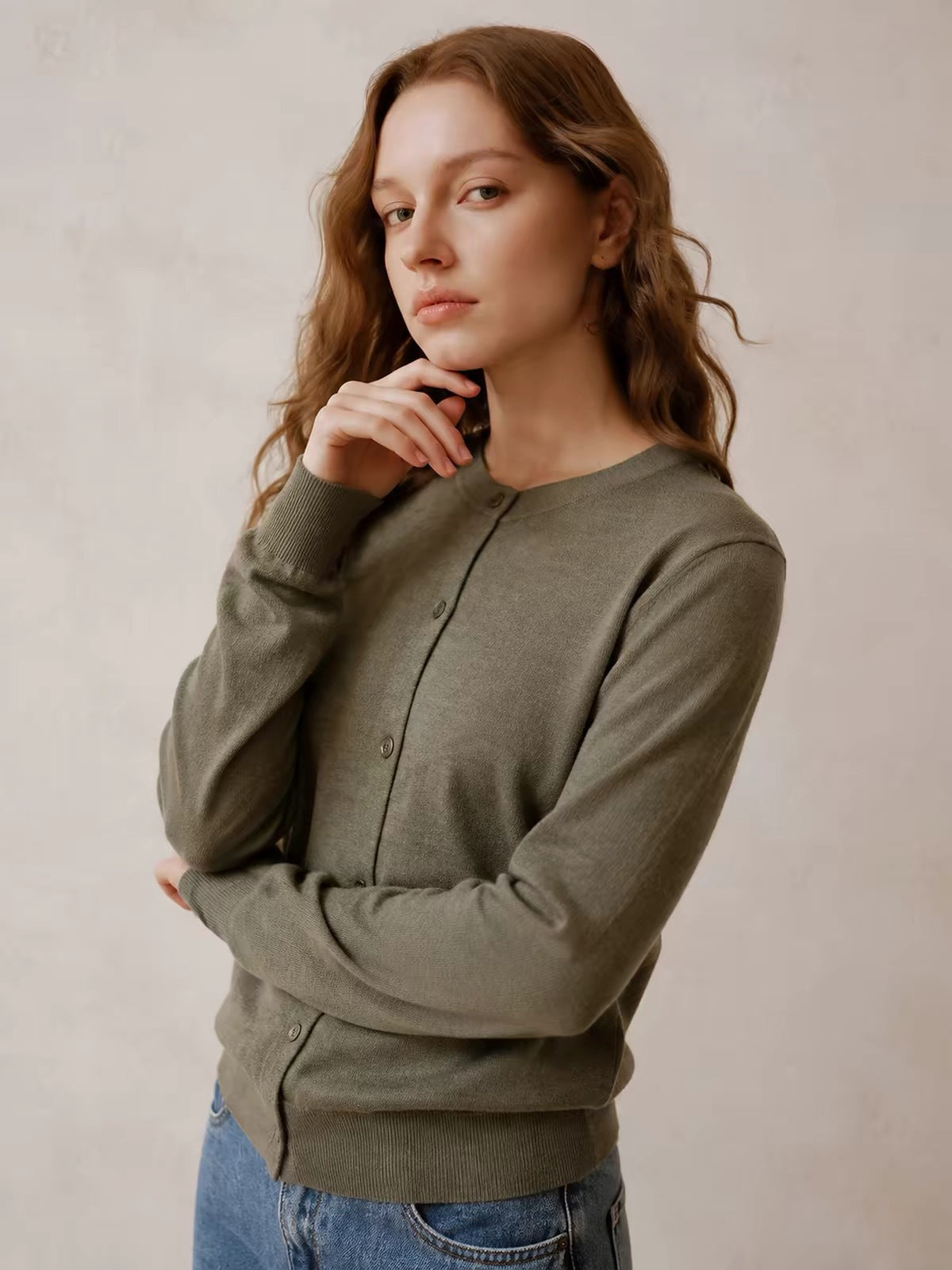 Water-soluble wool blend cardigan, long sleeves, button-front, olive gray color