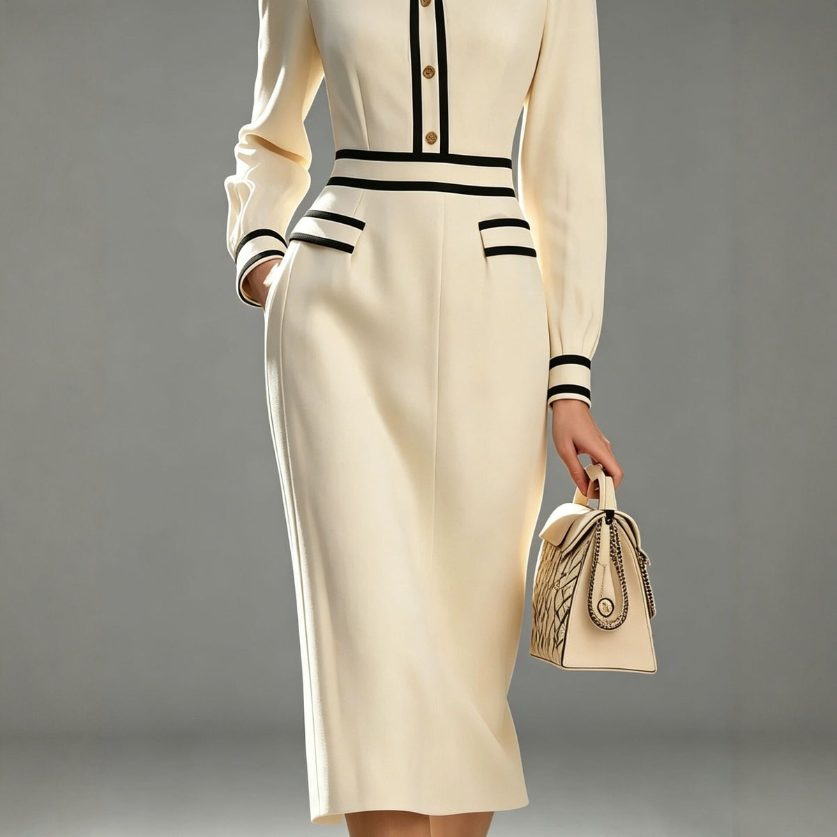 Ivory knit midi dress with black-trim collar and cuffs, striped waist detailing