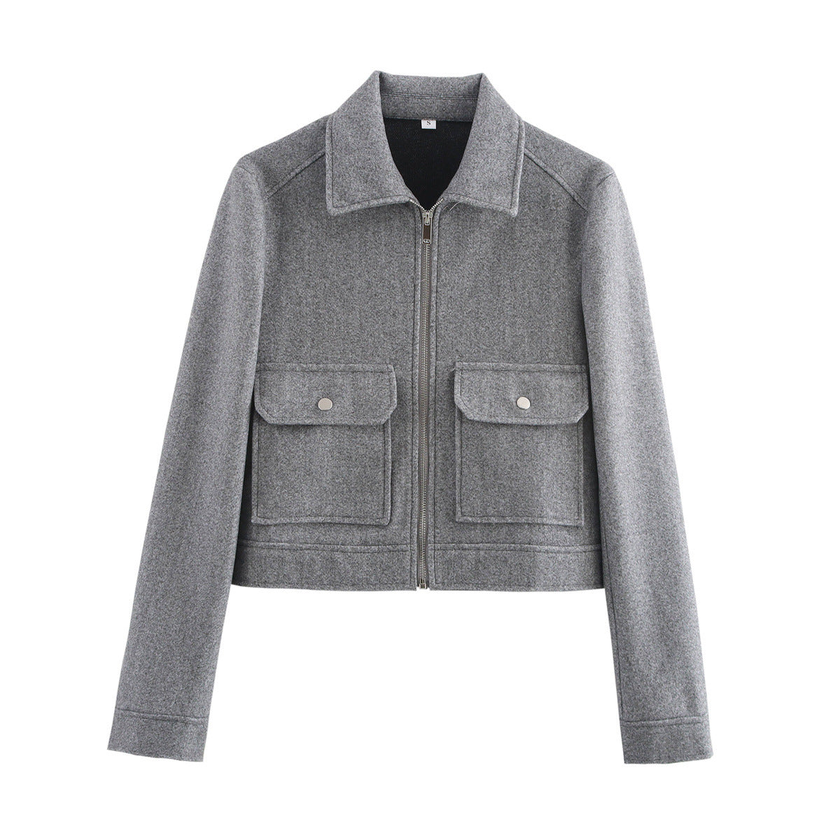 Cropped zip jacket, gray wool blend, stand collar, flap chest pockets.