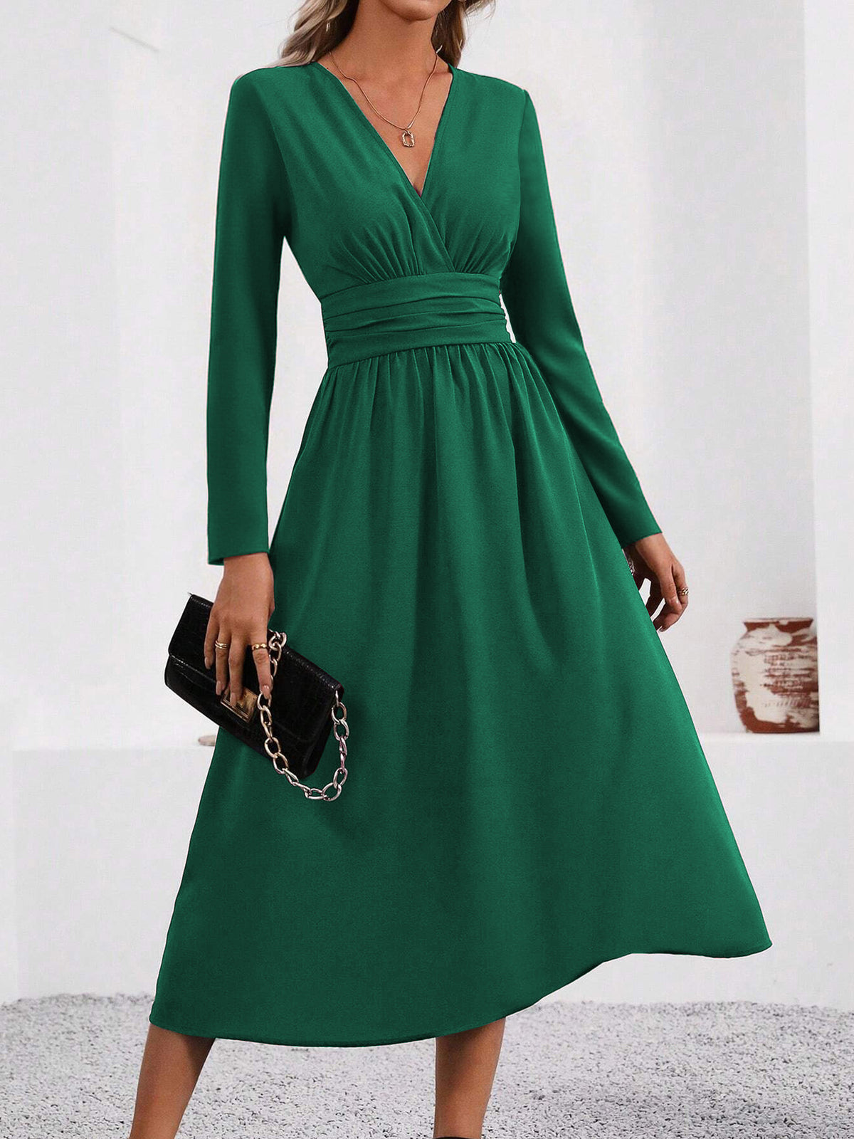 Long Sleeve Midi Dress — Surplice V Neck Pleated Style in Soft Woven Crepe