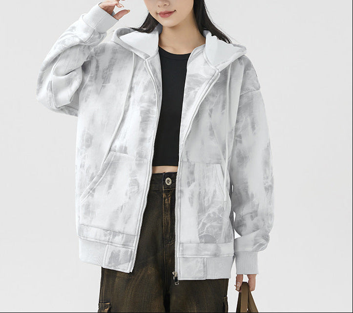 White hooded zip cardigan sweatshirt with drawstring hood and front pockets