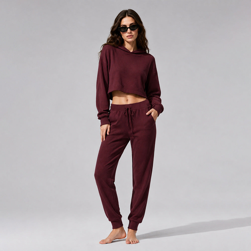 Women's burgundy corduroy lounge set, cropped hoodie and drawstring joggers