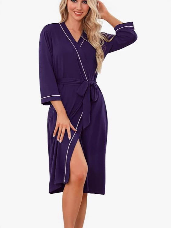 Purple kimono robe with V-neck, tie belt, 3/4 sleeves, front slit and light trim