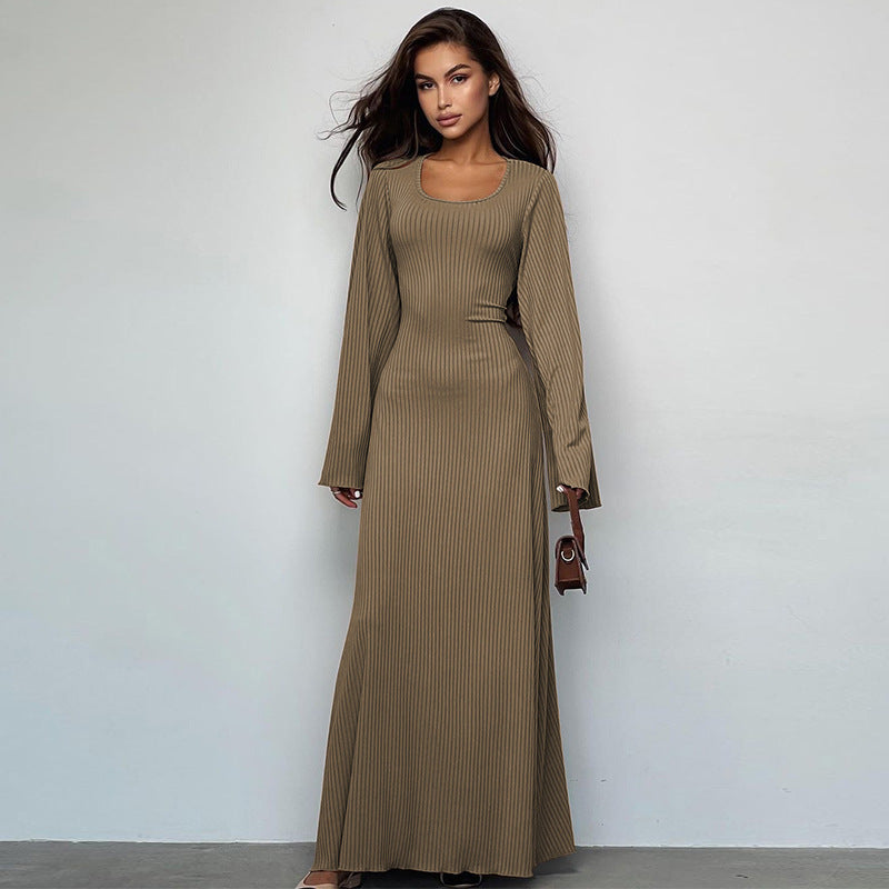 Ribbed knit maxi dress in olive, scoop neck, long bell sleeves, fitted column