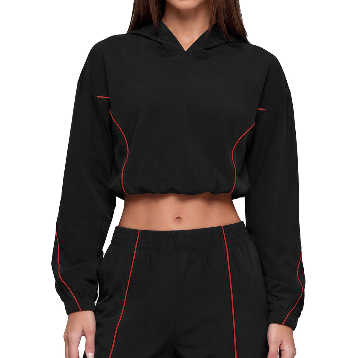 Black hooded sun protection jacket with red contrast piping and long sleeves