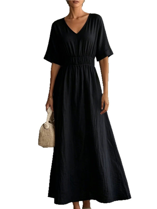 Short Sleeve Maxi Dress — V Neck Smocked Waist Style with Flared Skirt in Viscose