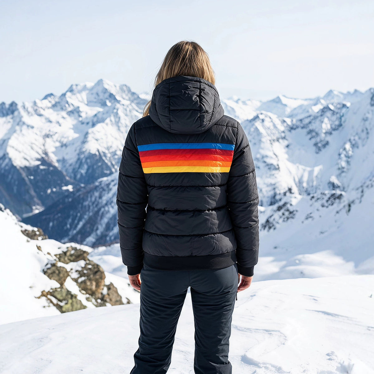 Back view of black hooded short puffer jacket with multicolor stripe panel