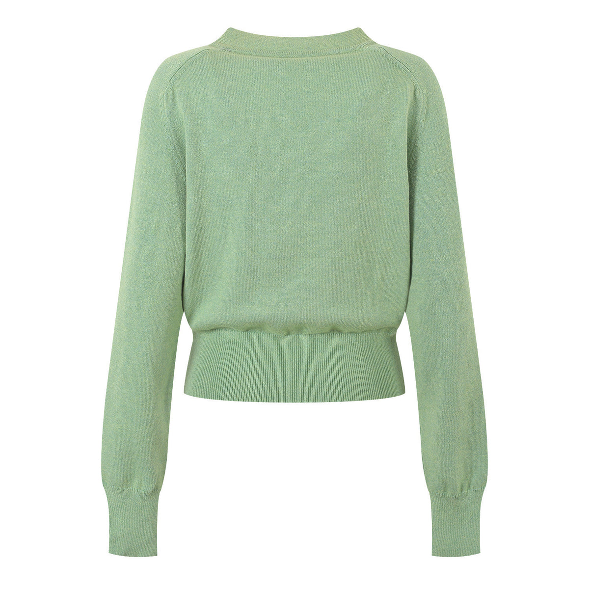 Women's green knitted V-neck sweater back view, long sleeves, ribbed hem and cuffs