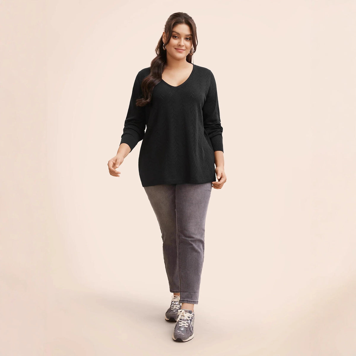 V Neck Sweater for Women — Pointelle Knit Pullover with a Longline Fit in Cotton