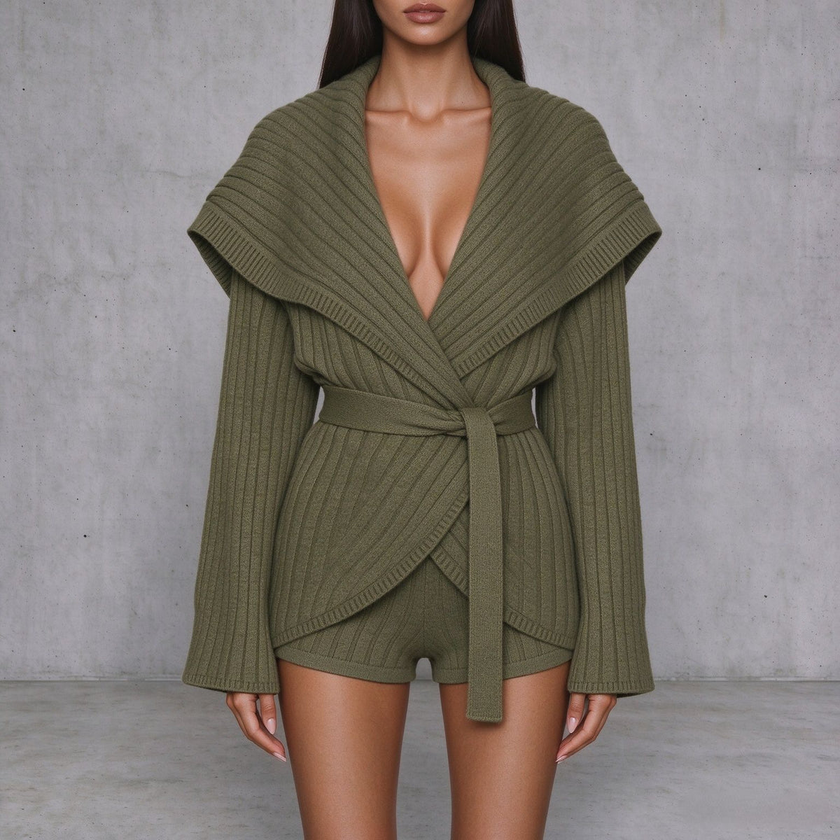 Olive chunky knit v-neck cardigan with tie belt over matching shorts