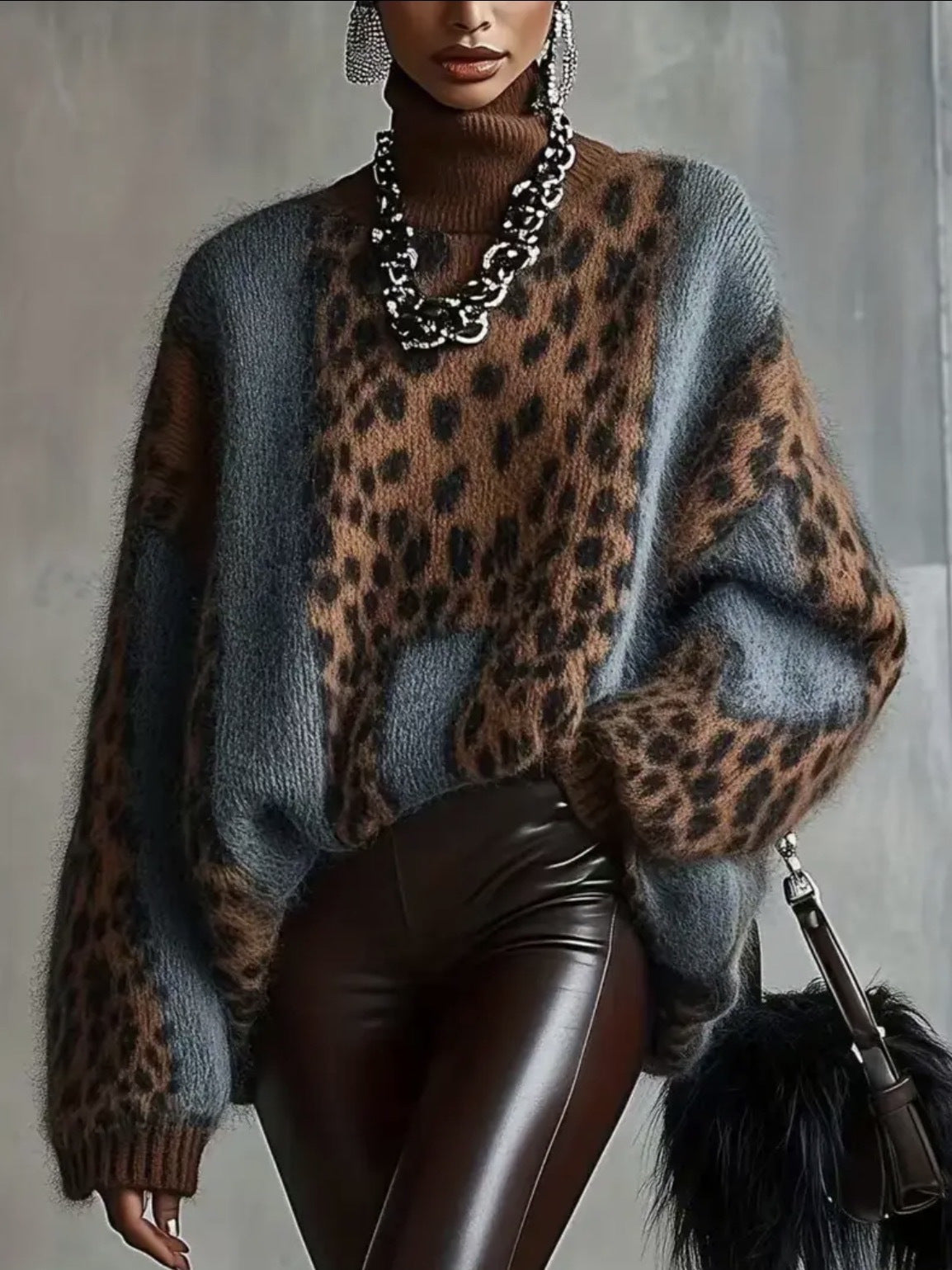 Blue and brown leopard print knit sweater, loose fit, long sleeves, crew neck