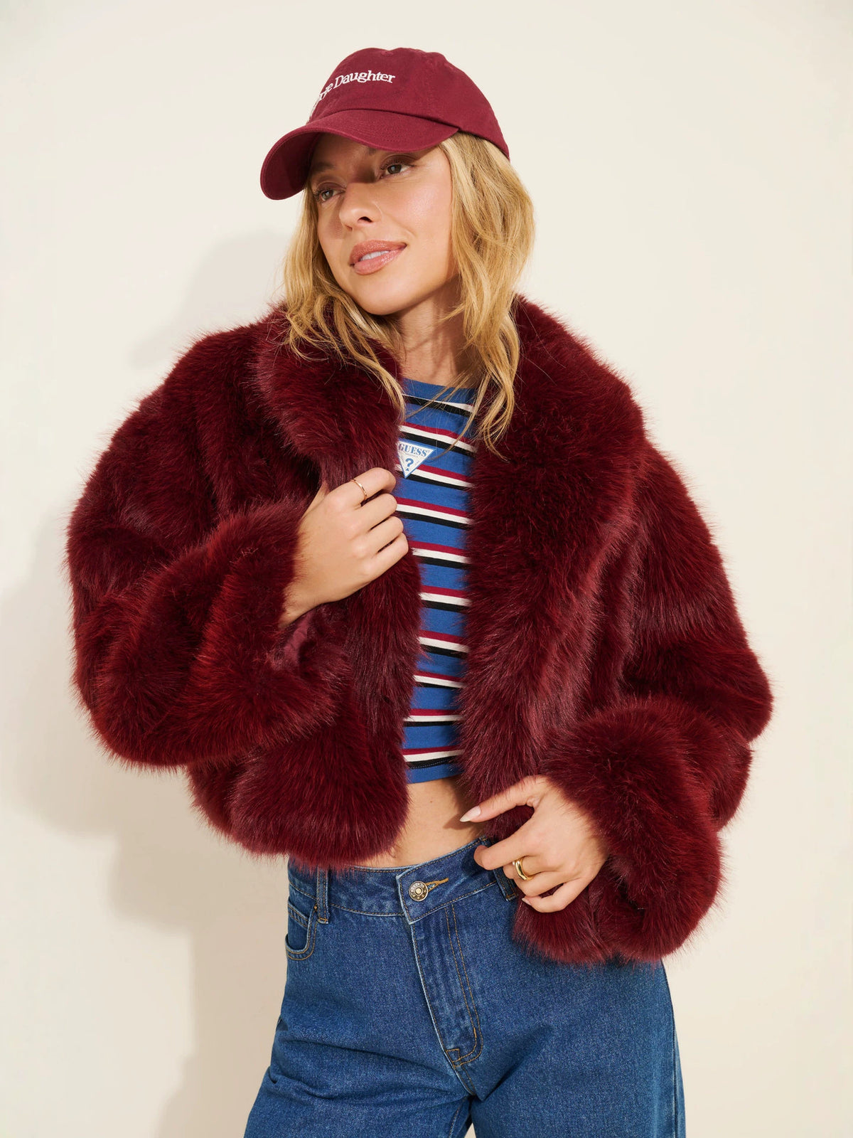 Women's wine red faux fur short coat with large lapel, loose fit