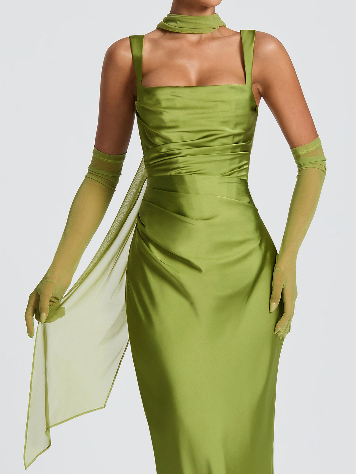 Green satin square-neck long dress with back ruching and flutter scarf ties