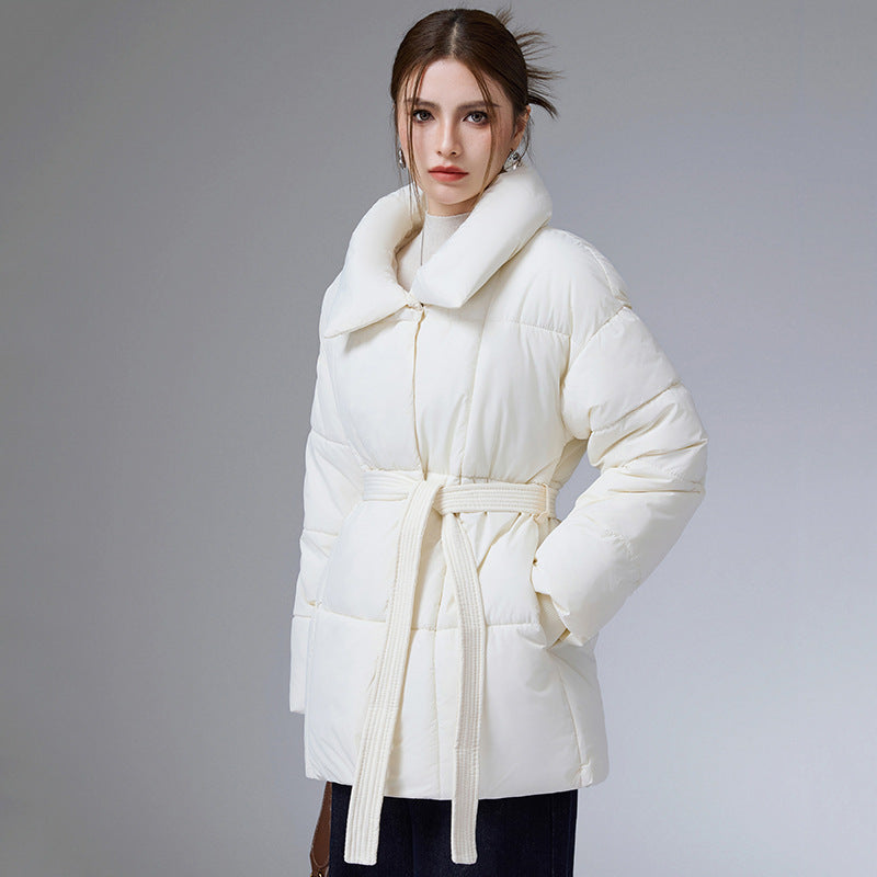 Women's white cotton puffer coat with stand collar and waist tie belt