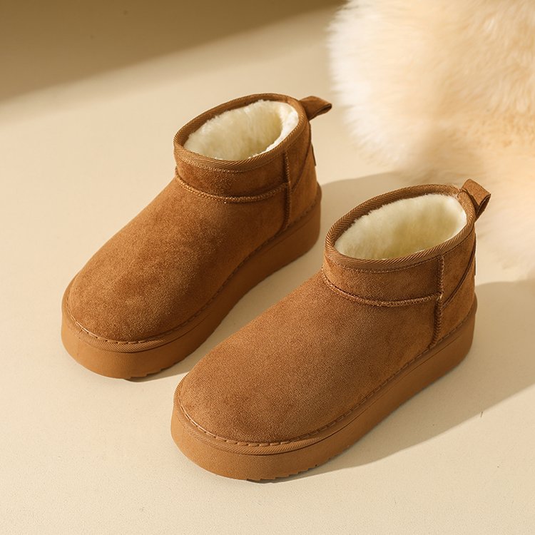 Women's tan suede ankle snow boots with fleece lining and thick sole