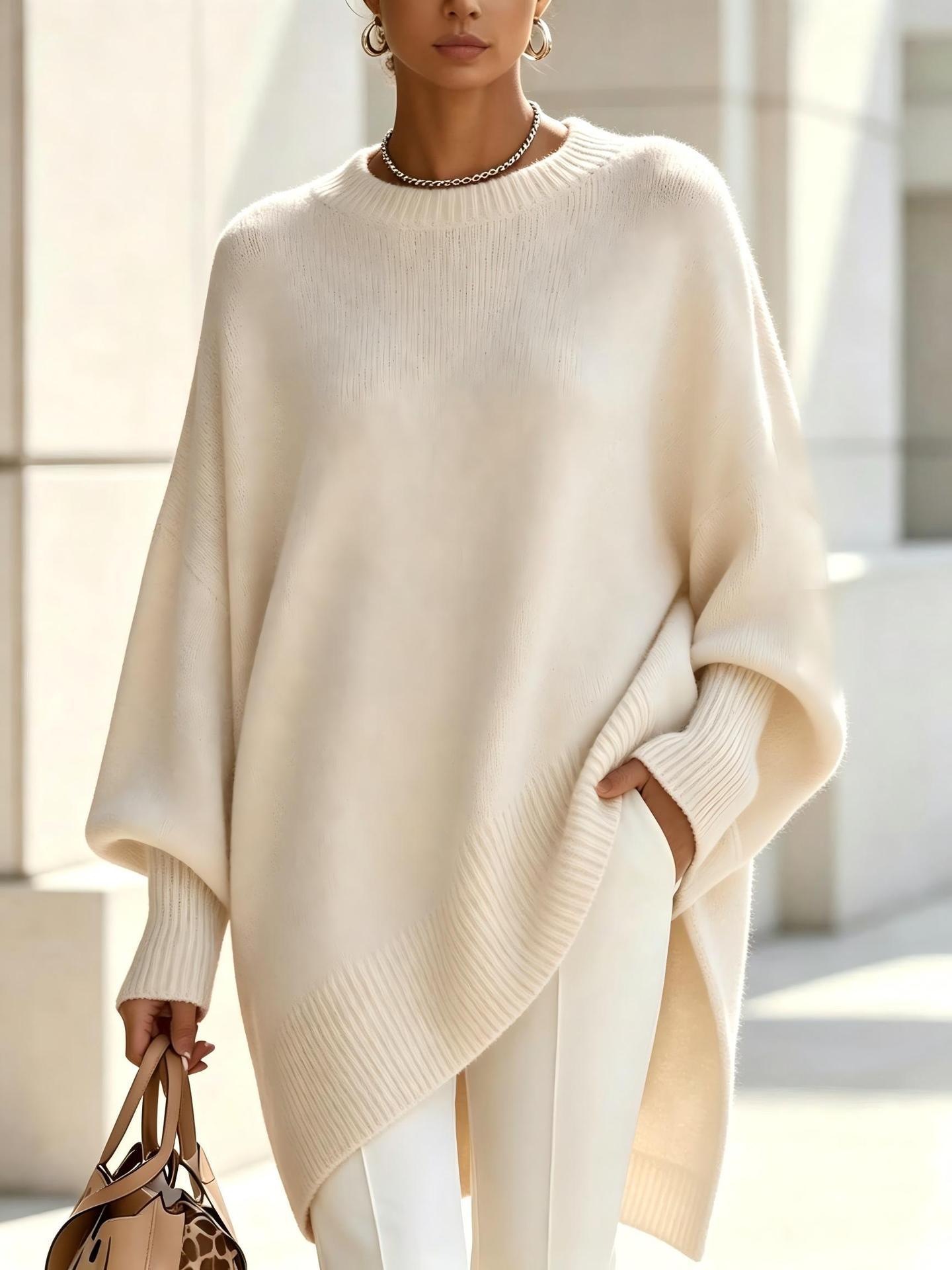 Oversized Sweater for Women — Batwing Sleeve Knit Pullover with Asymmetric Hem in Merino Wool
