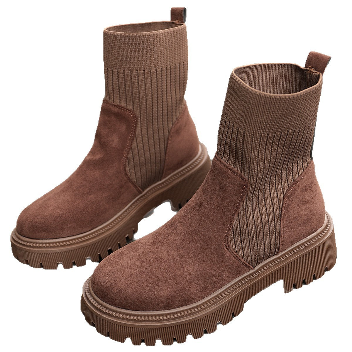 Brown suede-look knit short boots with thick lug sole, pull-on pair