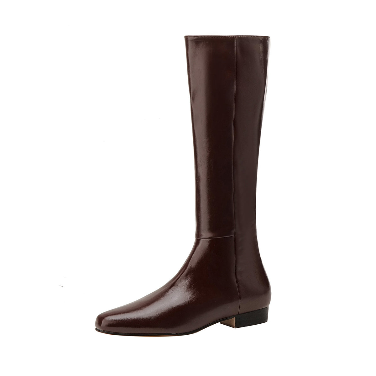 Brown knee-high leather boots with pointed toe and hidden low heel