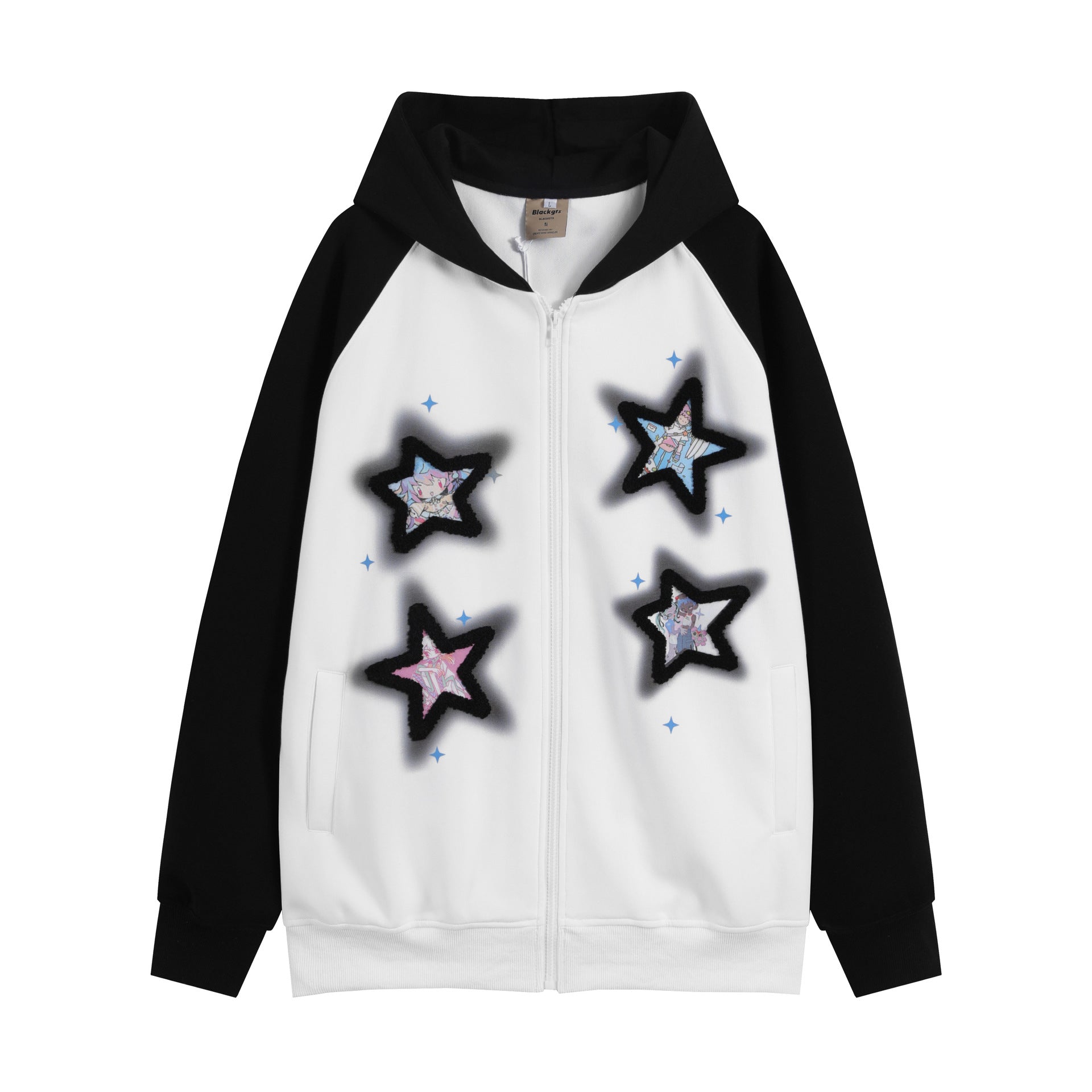 Color Block Zip Up Hoodie for Women — Oversized Raglan Fit with Star Patches in Fleece