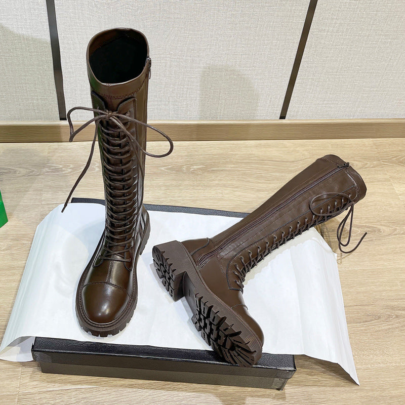 Knee-high lace-up boots with chunky sole, dark brown faux-leather style
