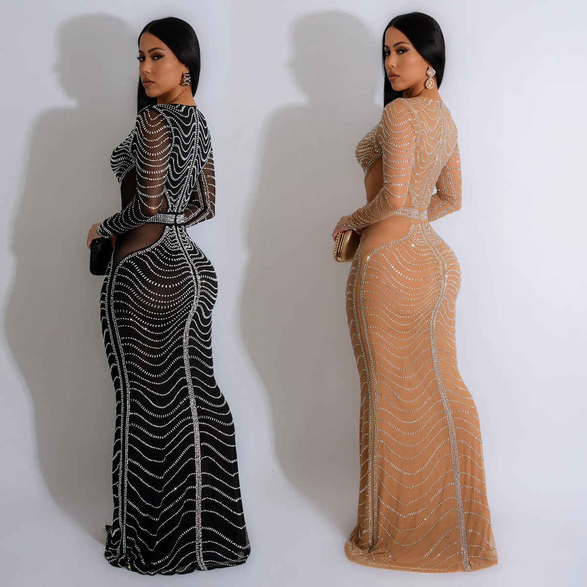 Apricot mesh rhinestone evening dress, long sleeves, deep V-neck, bodycon maxi.