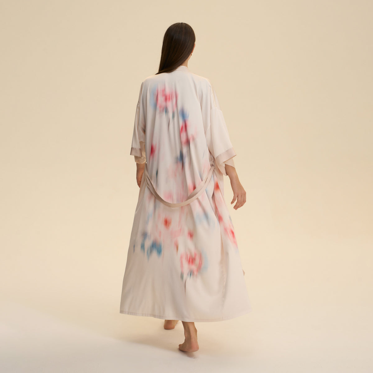 White satin robe nightgown back view with tie belt, watercolor floral print, mid-calf