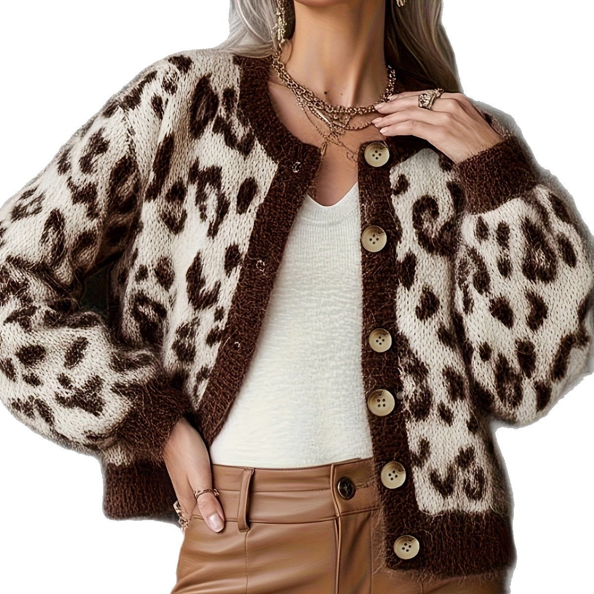 Women's leopard print knit cardigan with brown contrast and button front