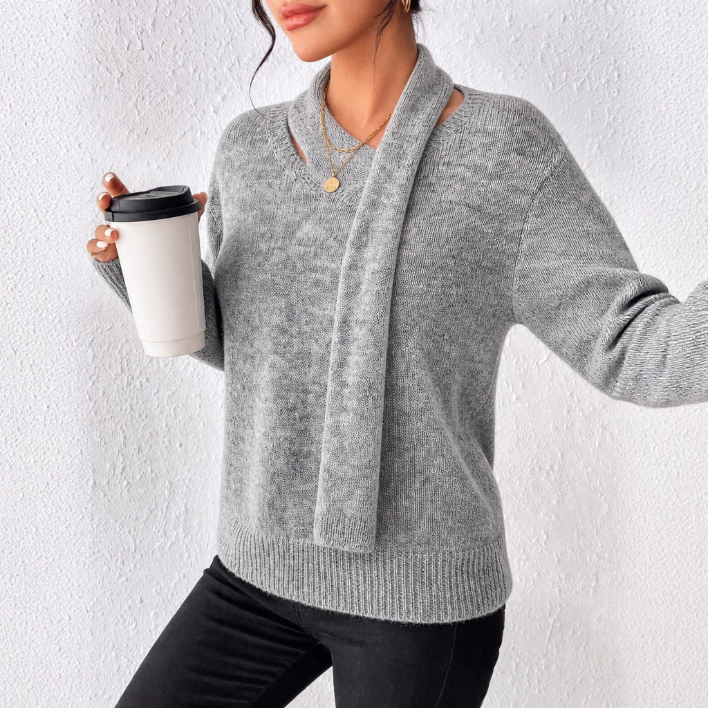 Gray knitted sweater with faux wrap V-neck and long sleeves, pullover