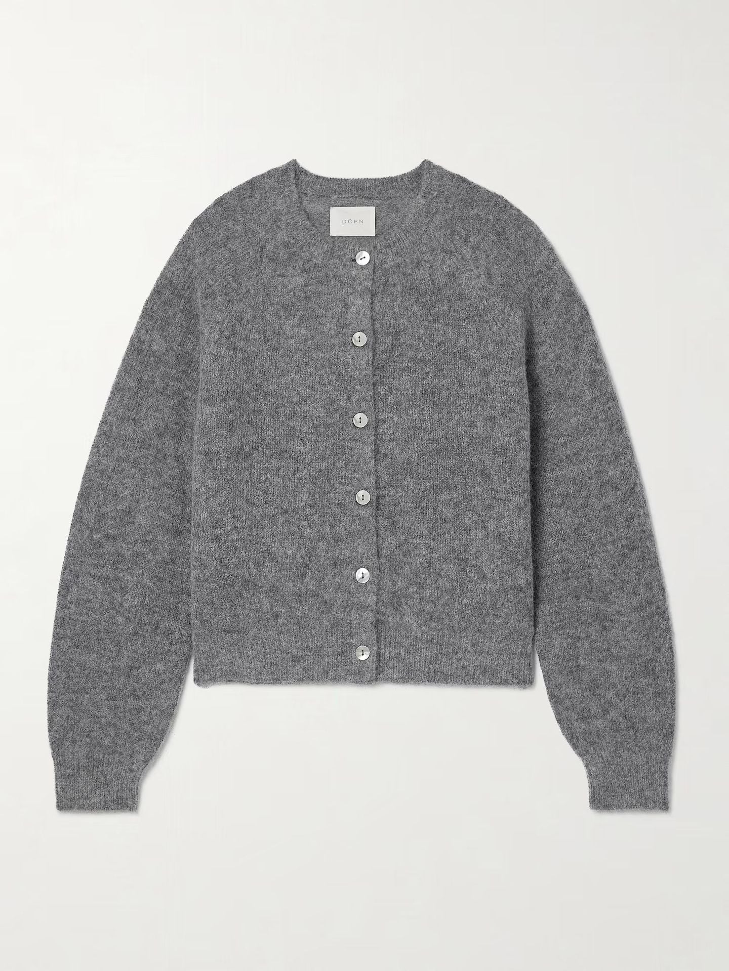 Women's wool-blend knit cardigan, heather gray flat lay with round neck button front