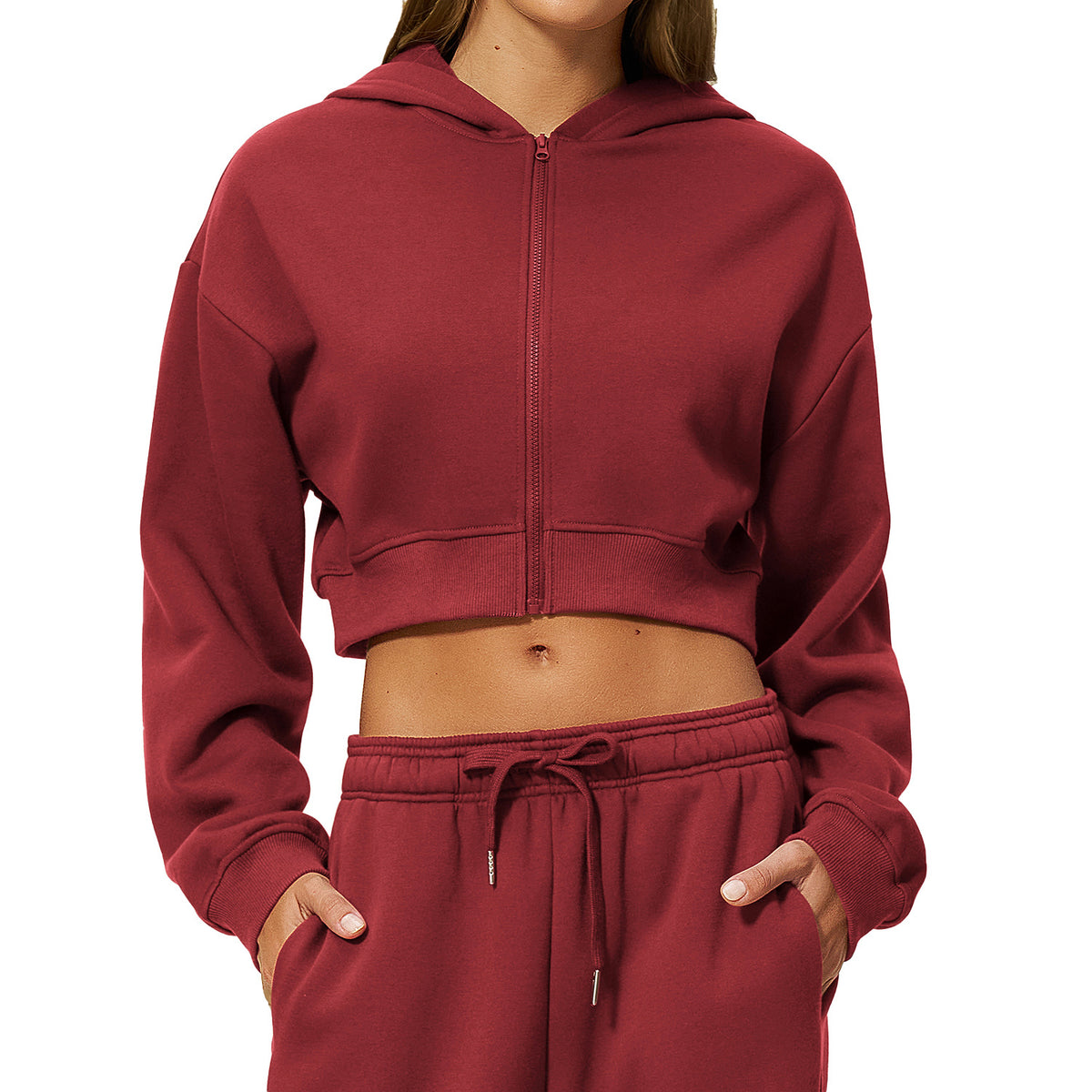 Women’s cropped zip hooded sweatshirt, wine red, front zipper and pouch pocket
