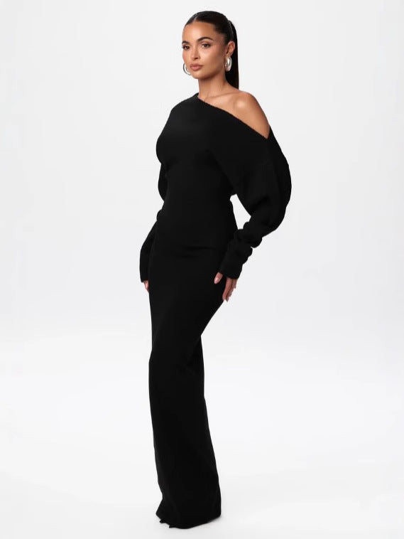 Women's slim long-sleeve off-shoulder knit dress, black